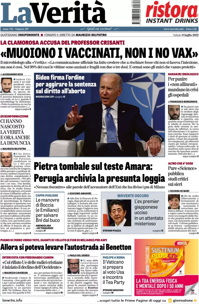 Prime pagine giornali 9 luglio 2022: il Giappone sotto choc per l’omicidio Abe