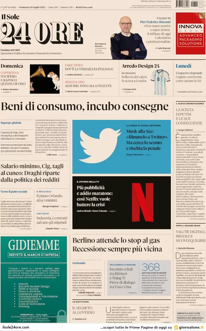 Prime pagine giornali 10 luglio 2022. Ondata estiva di Covid, caro energia e..