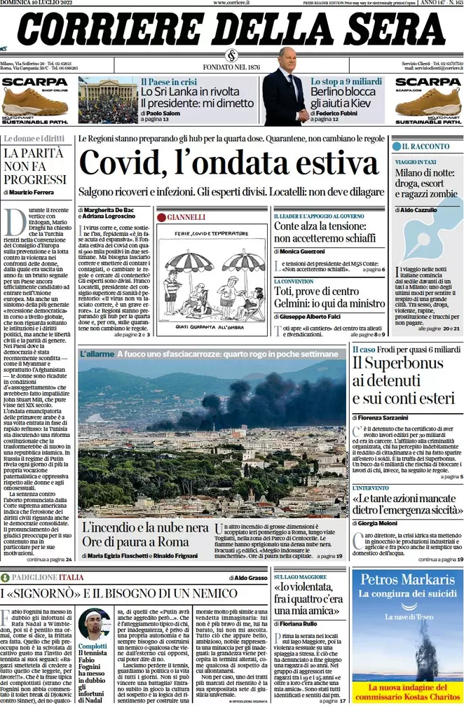 Prime pagine giornali 10 luglio 2022. Ondata estiva di Covid, caro energia e..