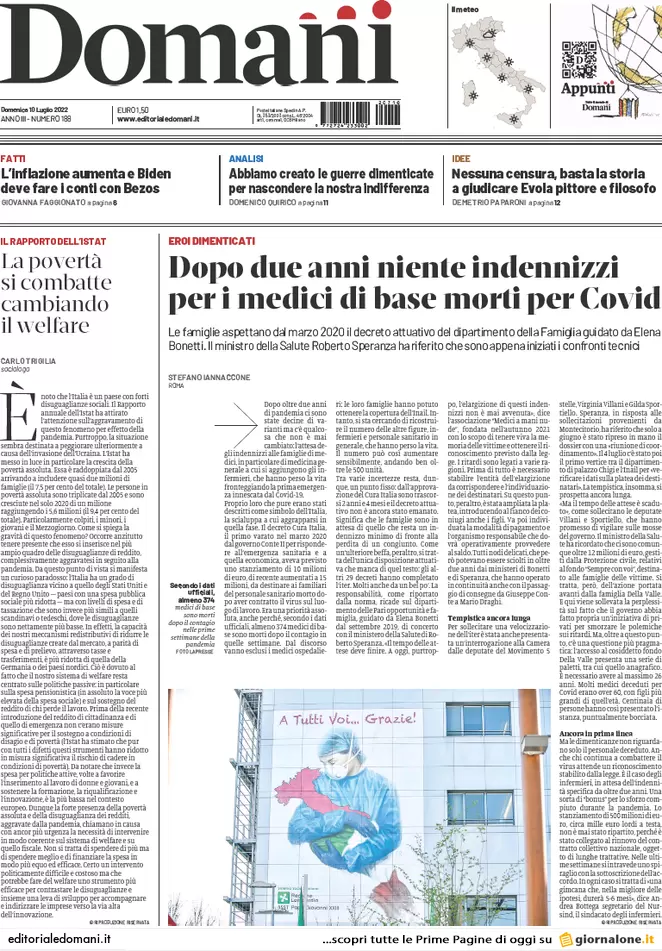 Prime pagine giornali 10 luglio 2022. Ondata estiva di Covid, caro energia e..
