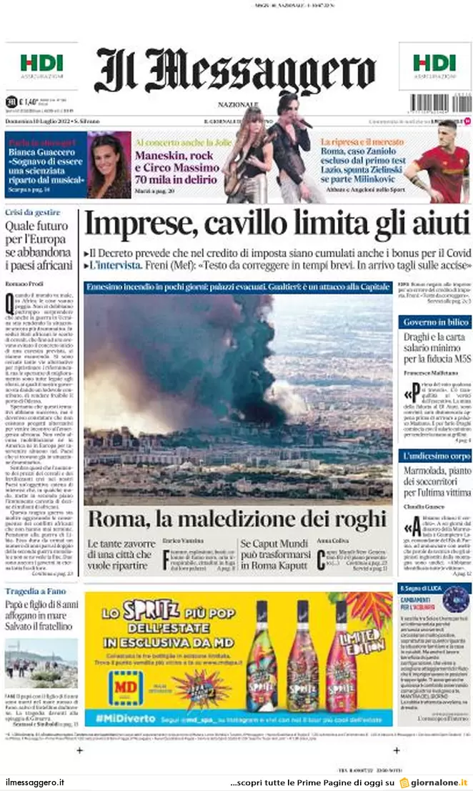 Prime pagine giornali 10 luglio 2022. Ondata estiva di Covid, caro energia e..
