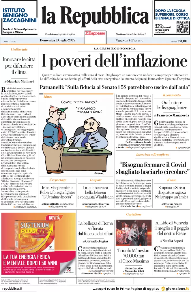 Prime pagine giornali 10 luglio 2022. Ondata estiva di Covid, caro energia e..