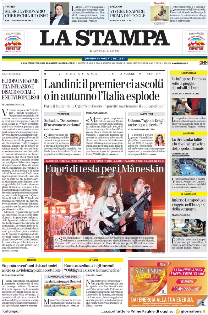 Prime pagine giornali 10 luglio 2022. Ondata estiva di Covid, caro energia e..