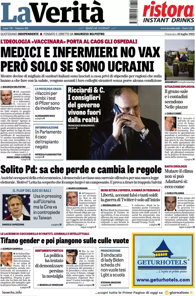 Prime pagine giornali 10 luglio 2022. Ondata estiva di Covid, caro energia e..