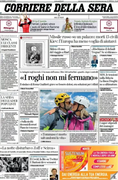 Prime pagine giornali 11 luglio 2022: Draghi, il suo consenso sta crollando