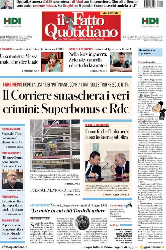 Prime pagine giornali 11 luglio 2022: Draghi, il suo consenso sta crollando