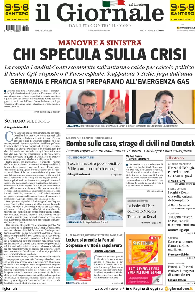 Prime pagine giornali 11 luglio 2022: Draghi, il suo consenso sta crollando