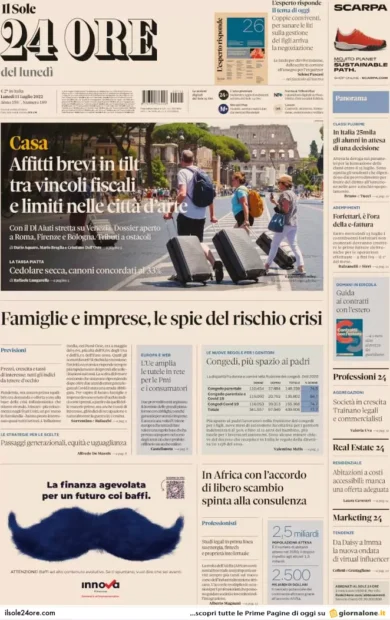 Prime pagine giornali economici 11 luglio. Affitti brevi flop, troppi vincoli