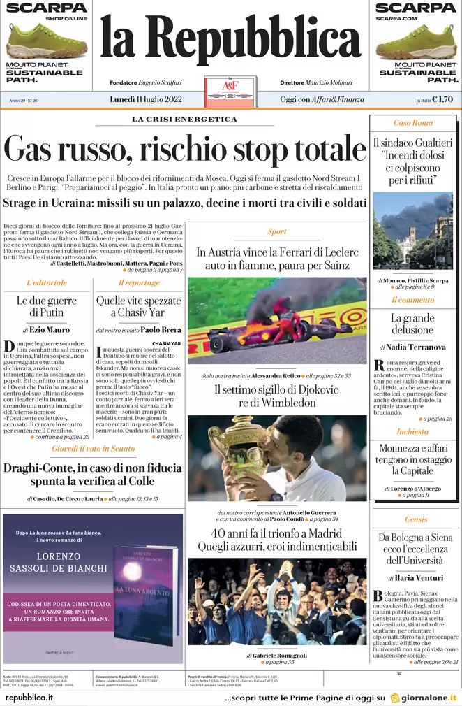 Prime pagine giornali 11 luglio 2022: Draghi, il suo consenso sta crollando