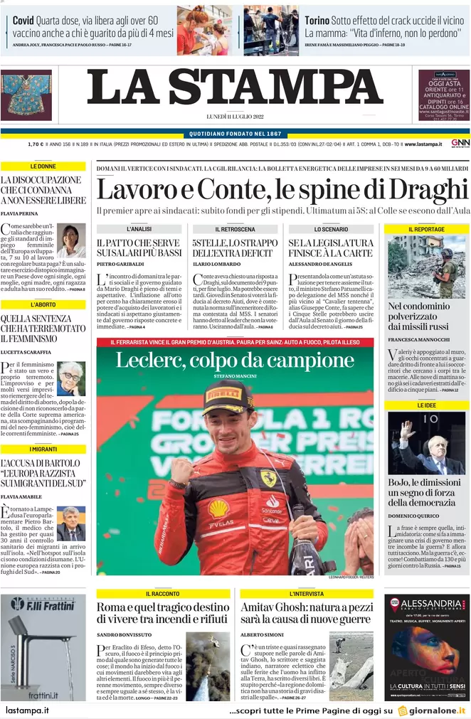 Prime pagine giornali 11 luglio 2022: Draghi, il suo consenso sta crollando