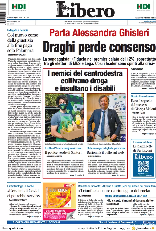 Prime pagine giornali 11 luglio 2022: Draghi, il suo consenso sta crollando