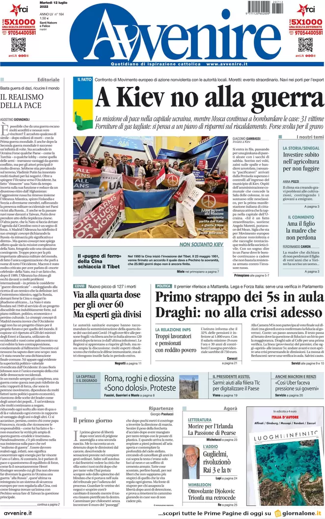 Prime pagine giornali 12 luglio 2022. Draghi, 13 mld per convincere Conte