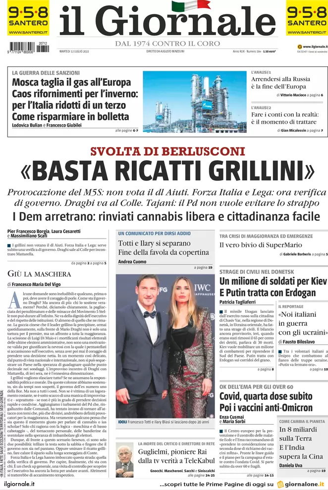 Prime pagine giornali 12 luglio 2022. Draghi, 13 mld per convincere Conte
