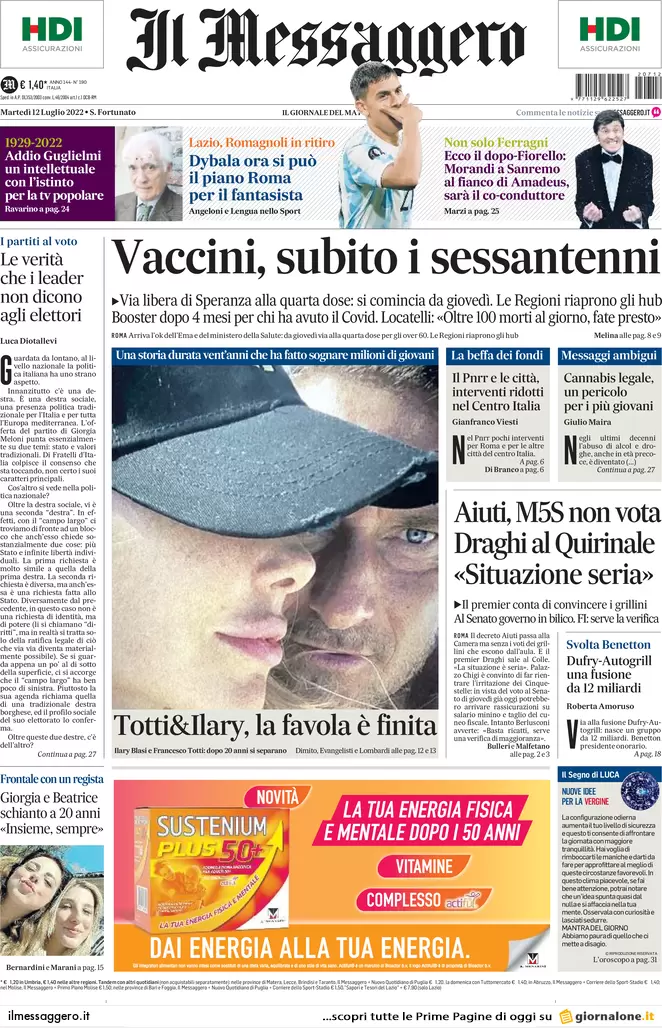 Prime pagine giornali 12 luglio 2022. Draghi, 13 mld per convincere Conte