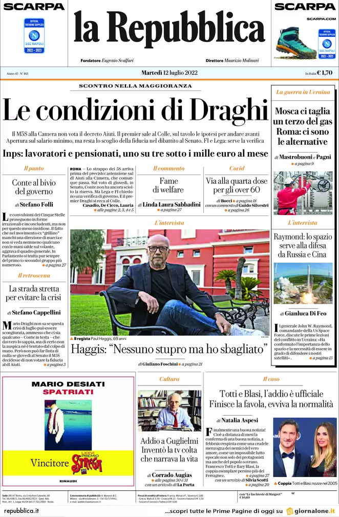 Prime pagine giornali 12 luglio 2022. Draghi, 13 mld per convincere Conte