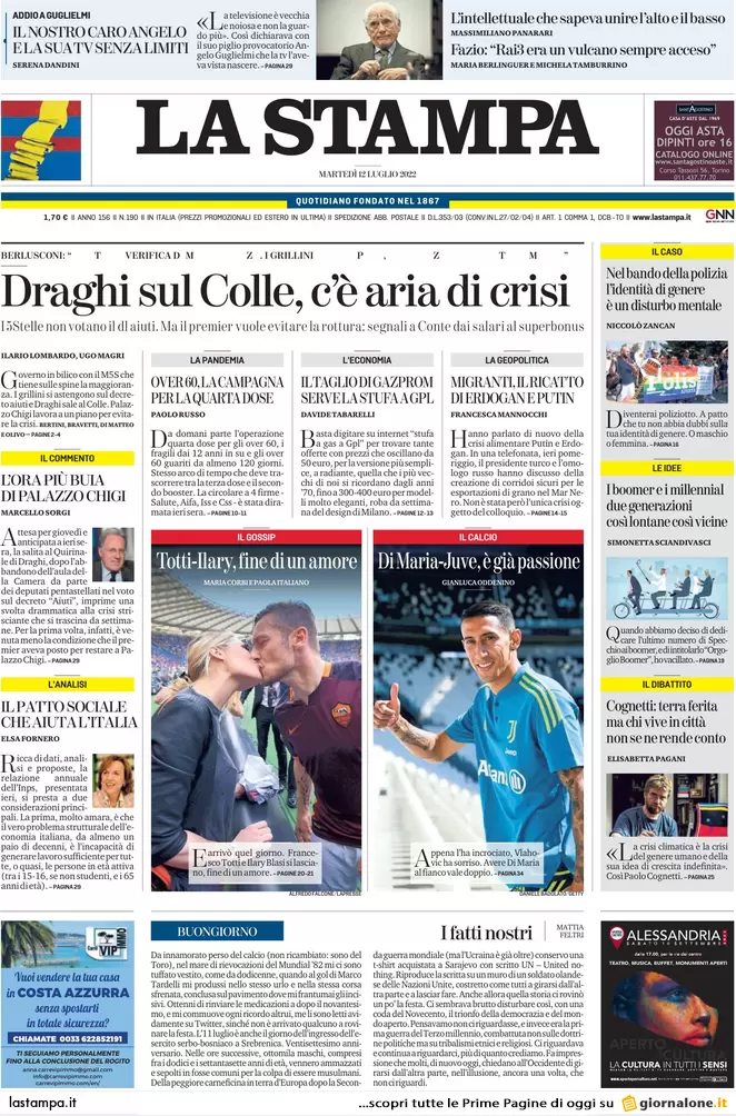 Prime pagine giornali 12 luglio 2022. Draghi, 13 mld per convincere Conte