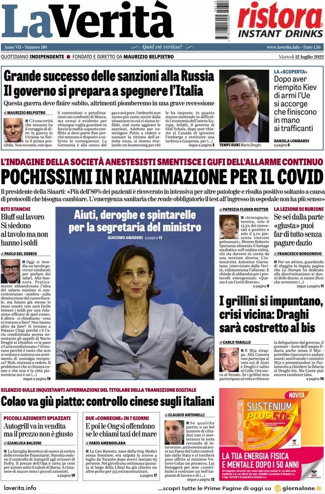 Prime pagine giornali 12 luglio 2022. Draghi, 13 mld per convincere Conte