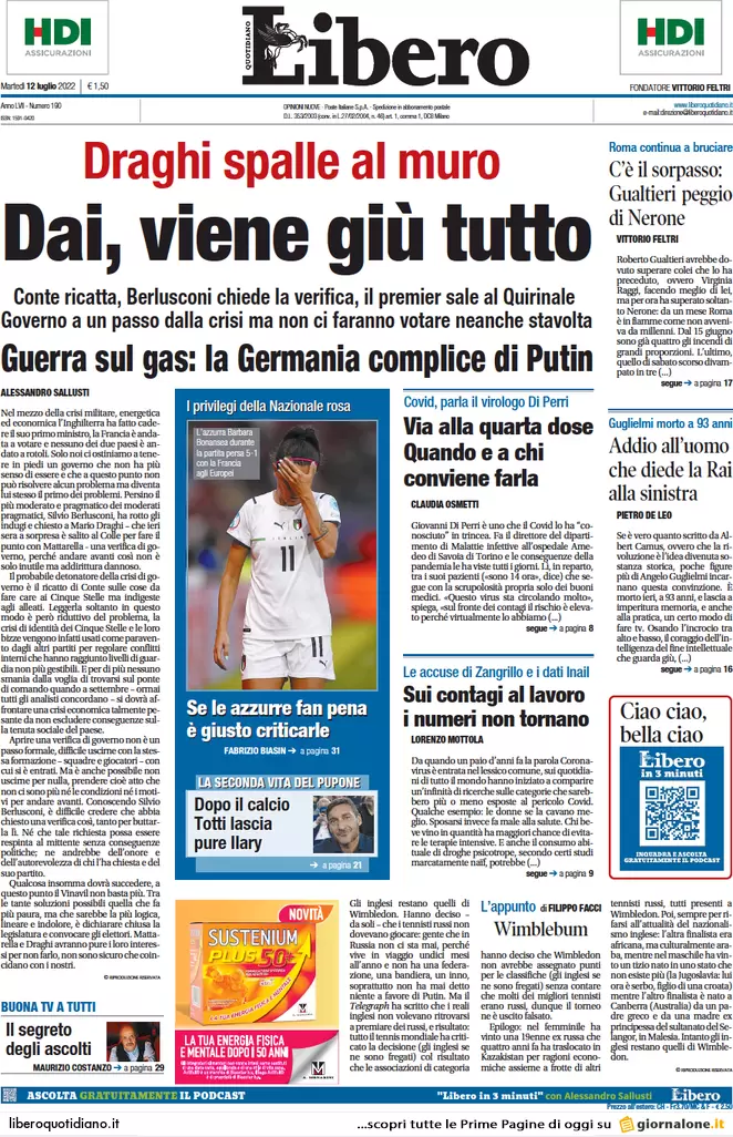 Prime pagine giornali 12 luglio 2022. Draghi, 13 mld per convincere Conte