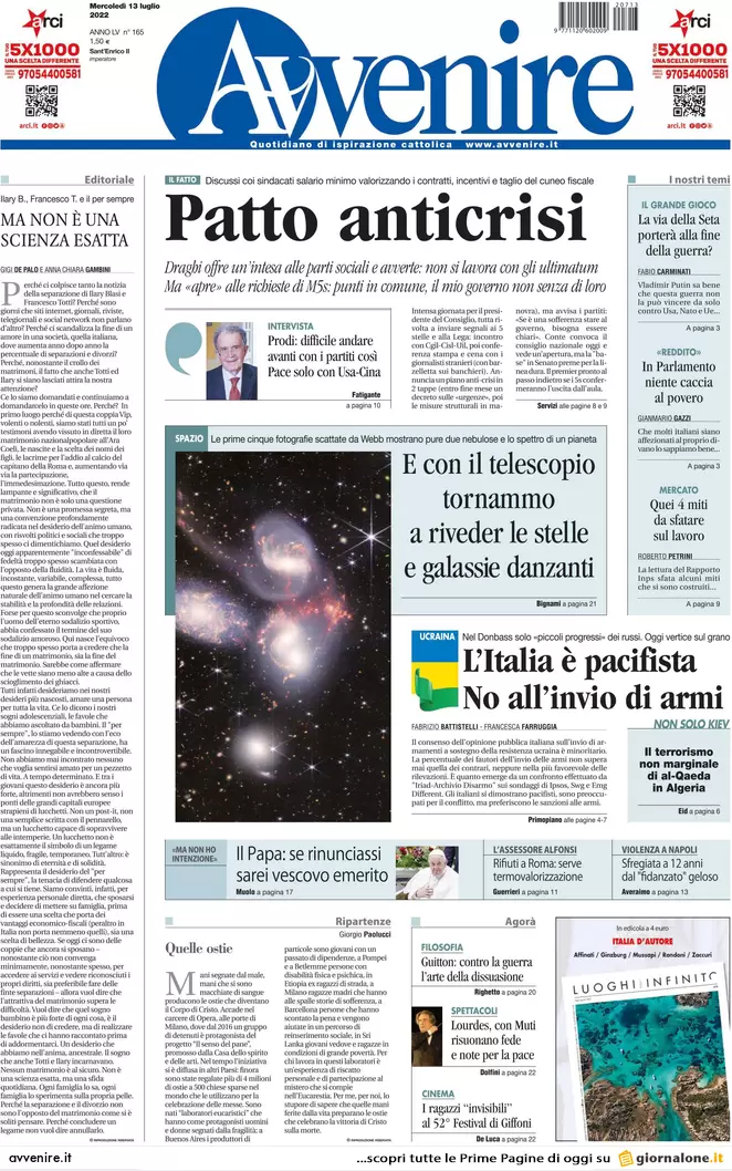 Prime pagine giornali 13 luglio 2022. Adesso è Draghi che vuole mollare tutto