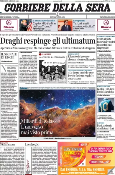 Prime pagine giornali 13 luglio 2022. Adesso è Draghi che vuole mollare tutto