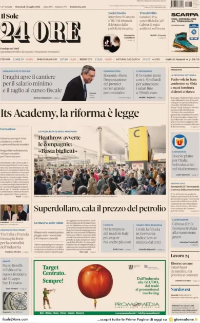 Prime pagine giornali economici 13 luglio. Con la crisi si perdono 31 mld