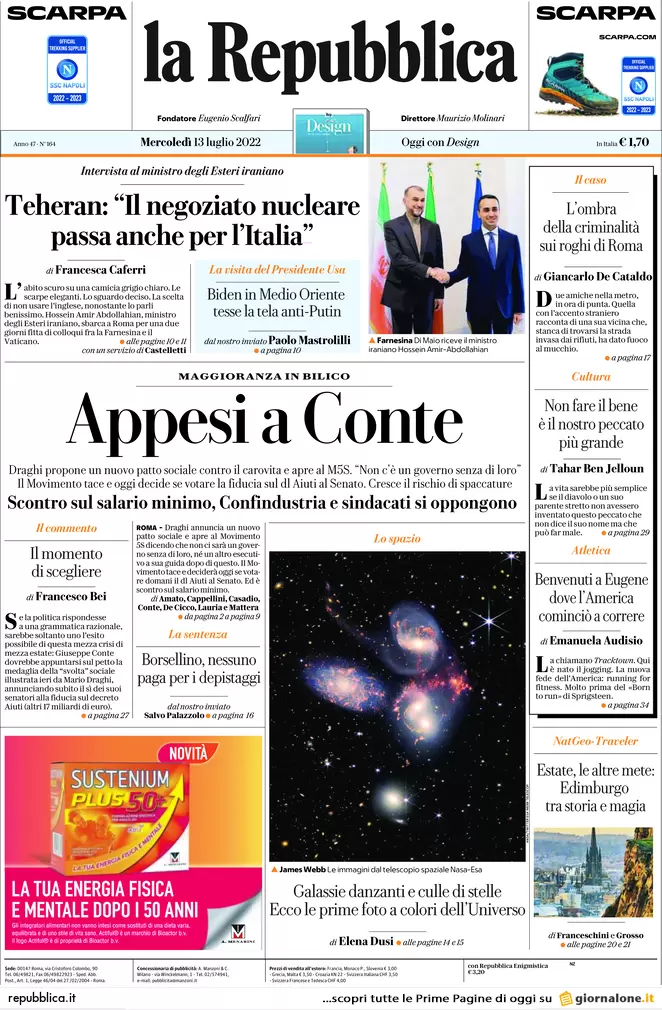 Prime pagine giornali 13 luglio 2022. Adesso è Draghi che vuole mollare tutto
