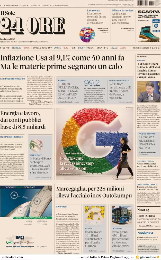 Prime pagine giornali 14 luglio 2022. Il M5s apre la crisi, la mossa di Draghi