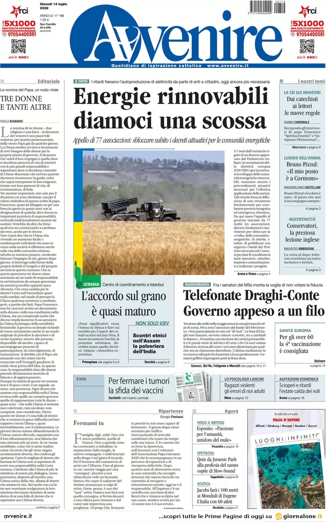 Prime pagine giornali 14 luglio 2022. Il M5s apre la crisi, la mossa di Draghi