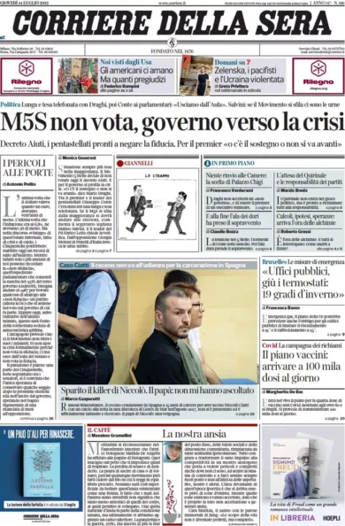 Prime pagine giornali 14 luglio 2022. Il M5s apre la crisi, la mossa di Draghi