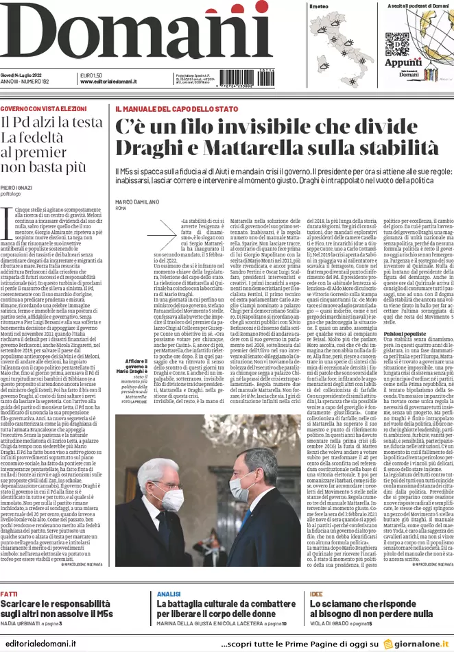 Prime pagine giornali 14 luglio 2022. Il M5s apre la crisi, la mossa di Draghi