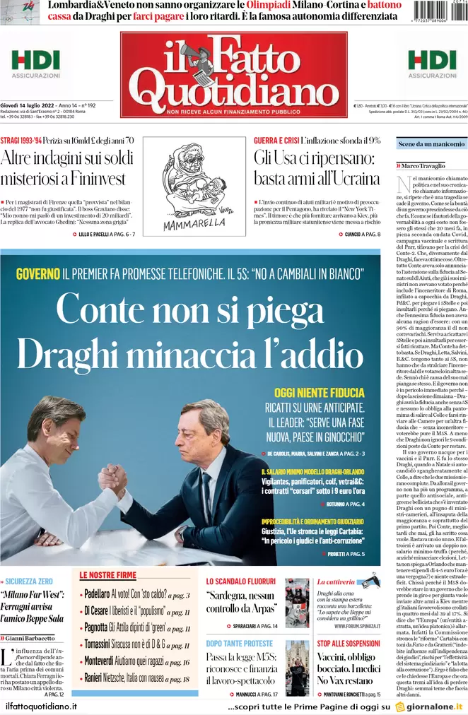 Prime pagine giornali 14 luglio 2022. Il M5s apre la crisi, la mossa di Draghi