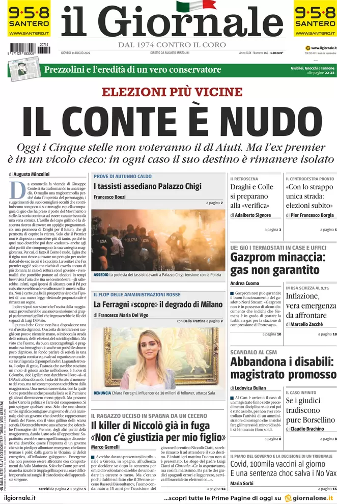 Prime pagine giornali 14 luglio 2022. Il M5s apre la crisi, la mossa di Draghi