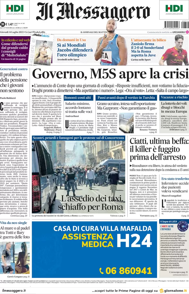 Prime pagine giornali 14 luglio 2022. Il M5s apre la crisi, la mossa di Draghi