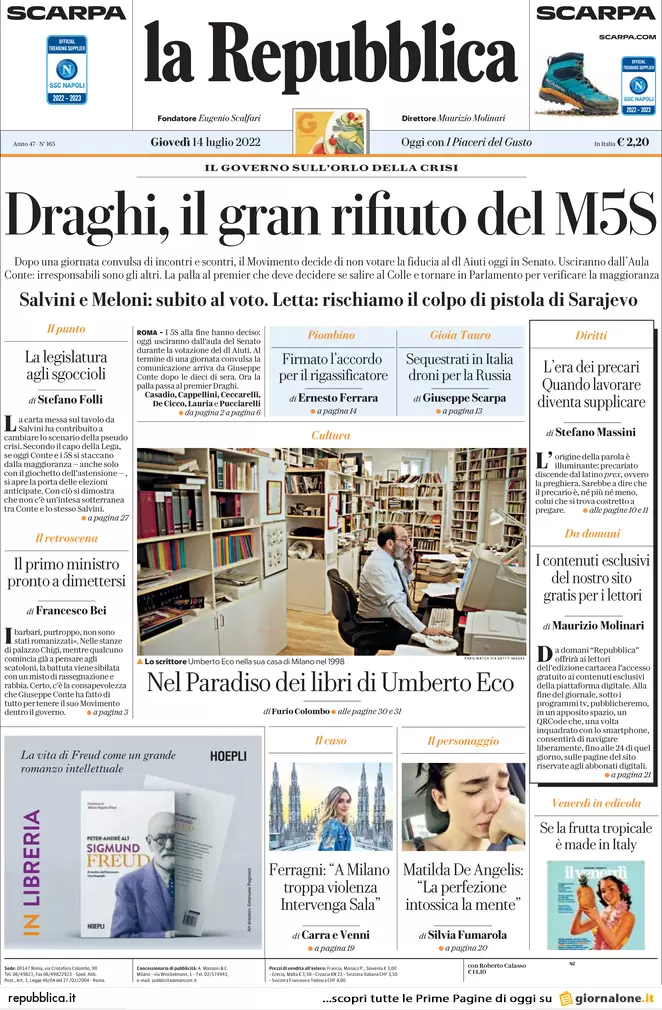 Prime pagine giornali 14 luglio 2022. Il M5s apre la crisi, la mossa di Draghi