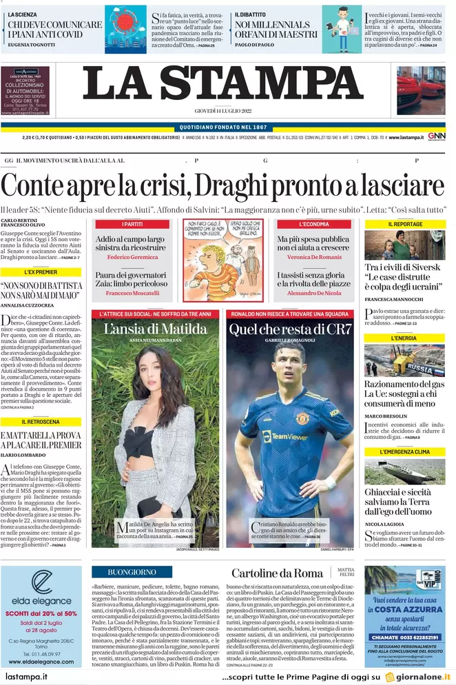 Prime pagine giornali 14 luglio 2022. Il M5s apre la crisi, la mossa di Draghi