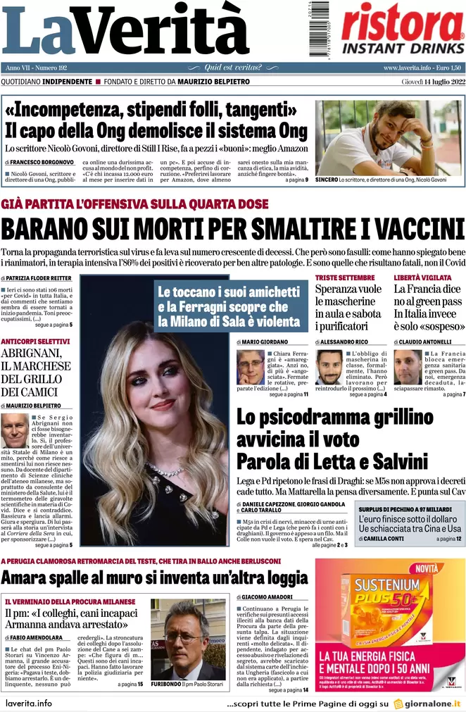 Prime pagine giornali 14 luglio 2022. Il M5s apre la crisi, la mossa di Draghi