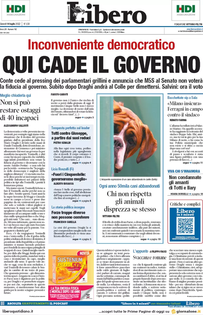 Prime pagine giornali 14 luglio 2022. Il M5s apre la crisi, la mossa di Draghi