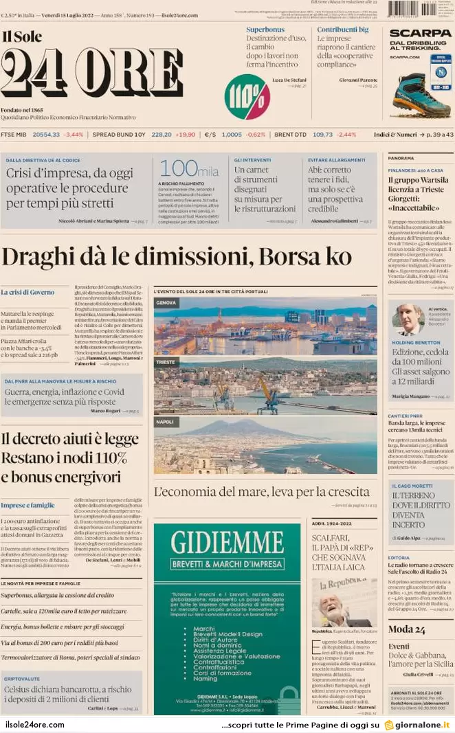 Prime pagine giornali 15 luglio 2022. Il Papeete di Draghi fa ridere Putin