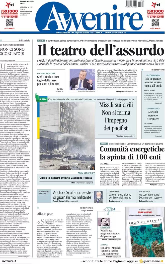 Prime pagine giornali 15 luglio 2022. Il Papeete di Draghi fa ridere Putin