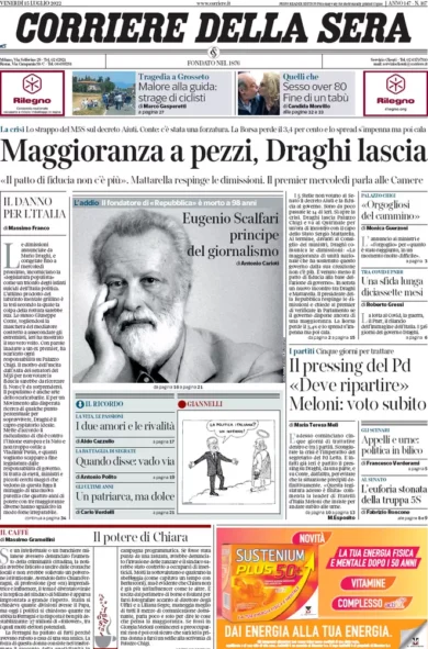 Prime pagine giornali 15 luglio 2022. Il Papeete di Draghi fa ridere Putin