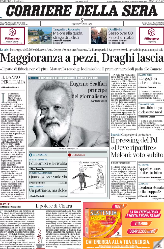 Prime pagine giornali 15 luglio 2022. Il Papeete di Draghi fa ridere Putin Prime pagine giornali 15 luglio 2022. Il Papeete di Draghi fa ridere Putin