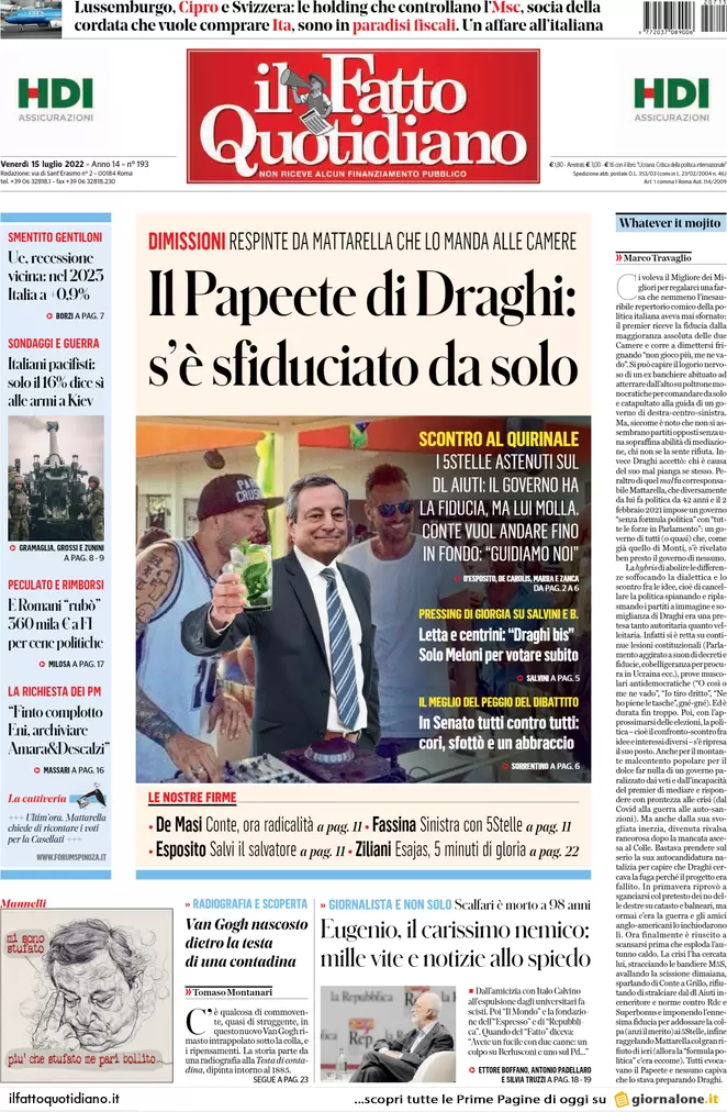 Prime pagine giornali 15 luglio 2022. Il Papeete di Draghi fa ridere Putin