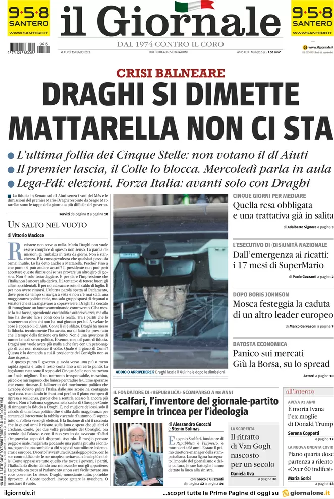 Prime pagine giornali 15 luglio 2022. Il Papeete di Draghi fa ridere Putin