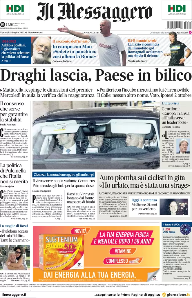 Prime pagine giornali 15 luglio 2022. Il Papeete di Draghi fa ridere Putin