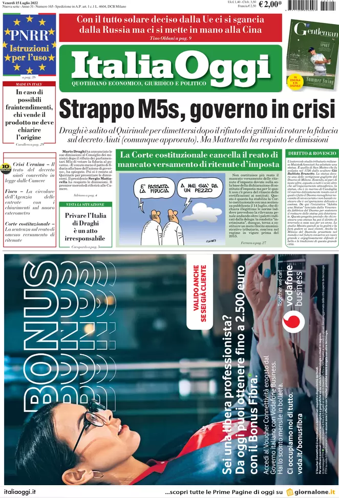Prime pagine giornali economici 15 luglio. Dimissioni Draghi, sale lo Spread