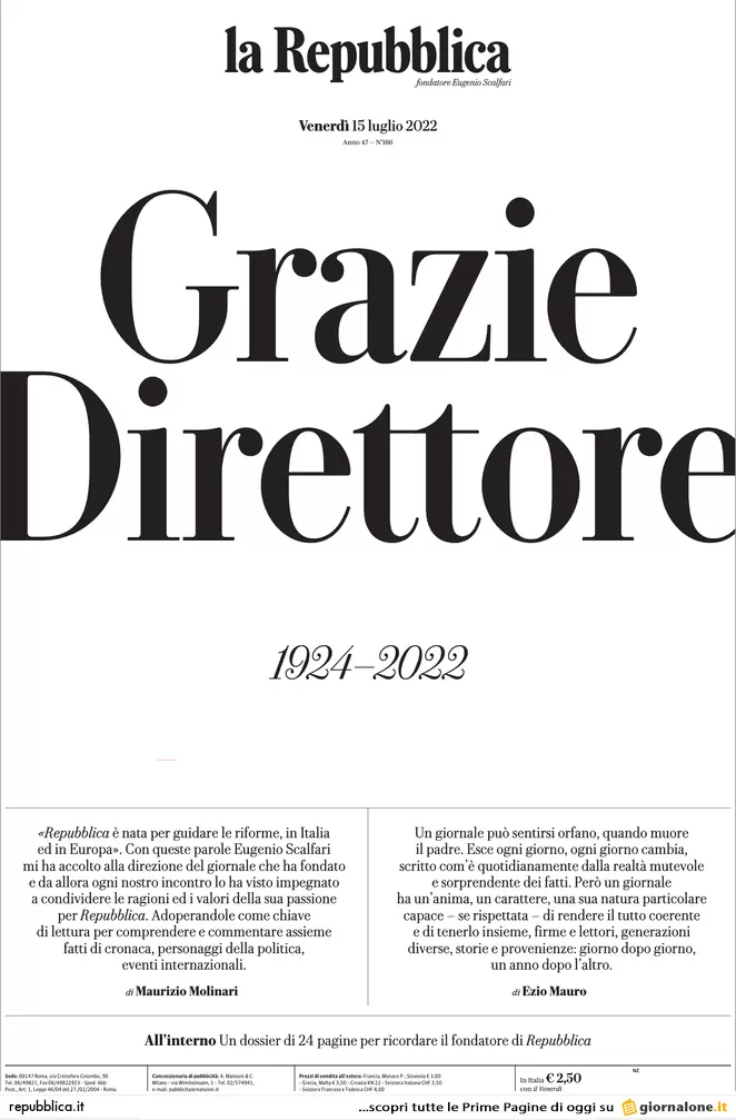 Prime pagine giornali 15 luglio 2022. Il Papeete di Draghi fa ridere Putin