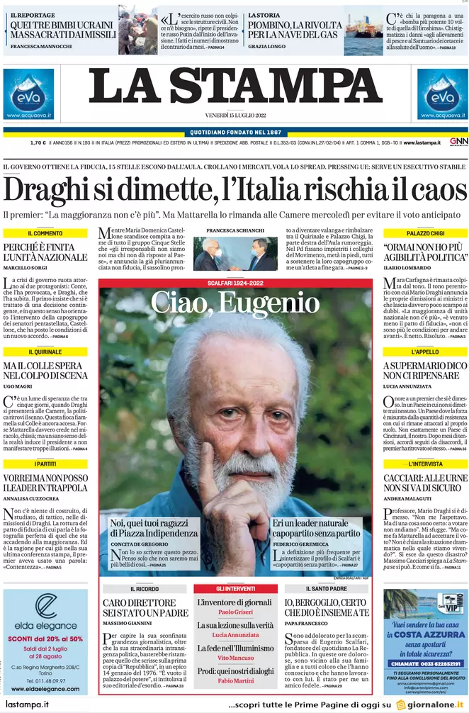 Prime pagine giornali 15 luglio 2022. Il Papeete di Draghi fa ridere Putin