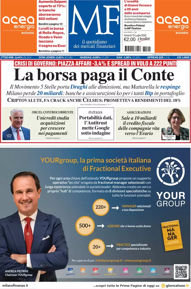 Prime pagine giornali economici 15 luglio. Dimissioni Draghi, sale lo Spread