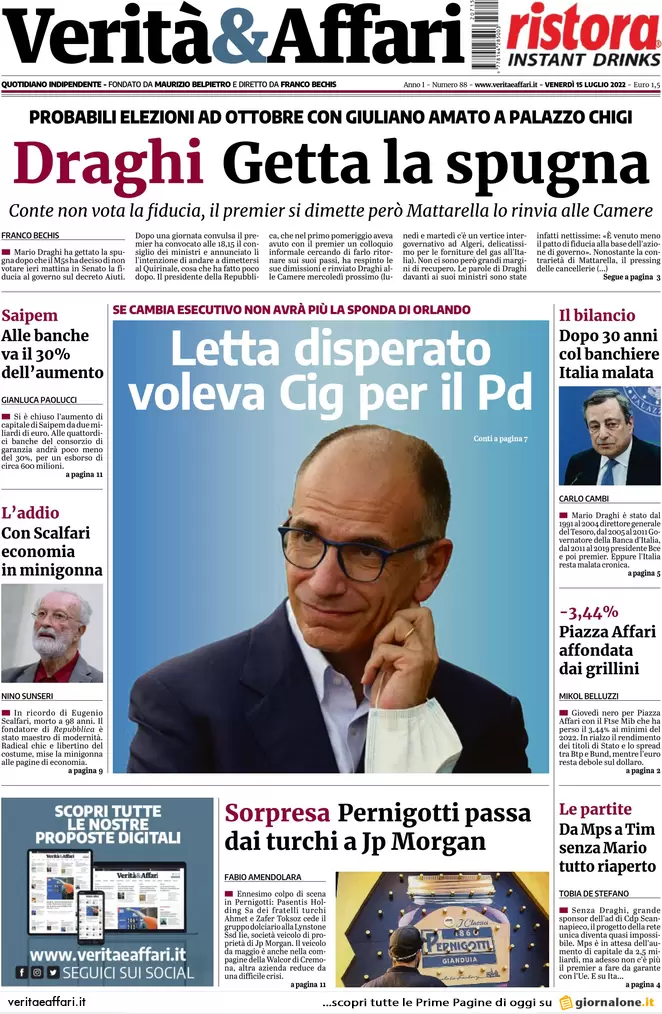 Prime pagine giornali economici 15 luglio. Dimissioni Draghi, sale lo Spread