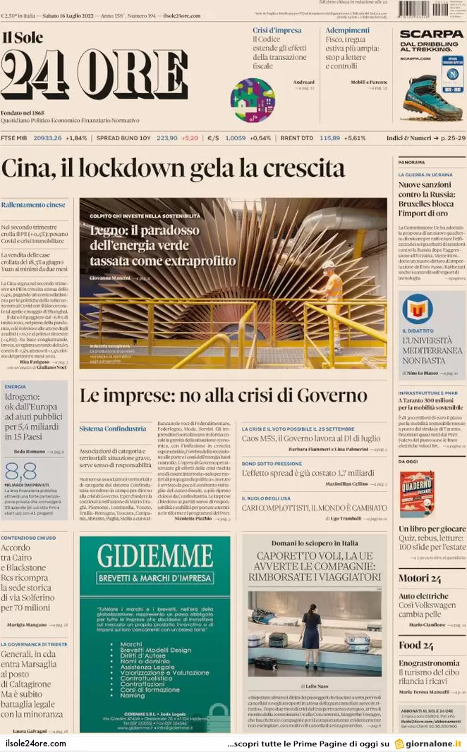 Prime pagine giornali 16 luglio 2022. Usa-Ue vogliono Draghi, Putin la crisi